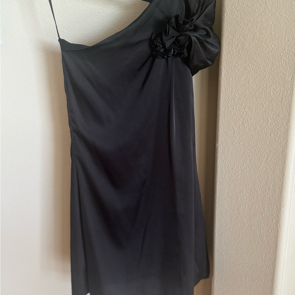 A house brand from HK . black silk dress . Asymmetrical midi dress